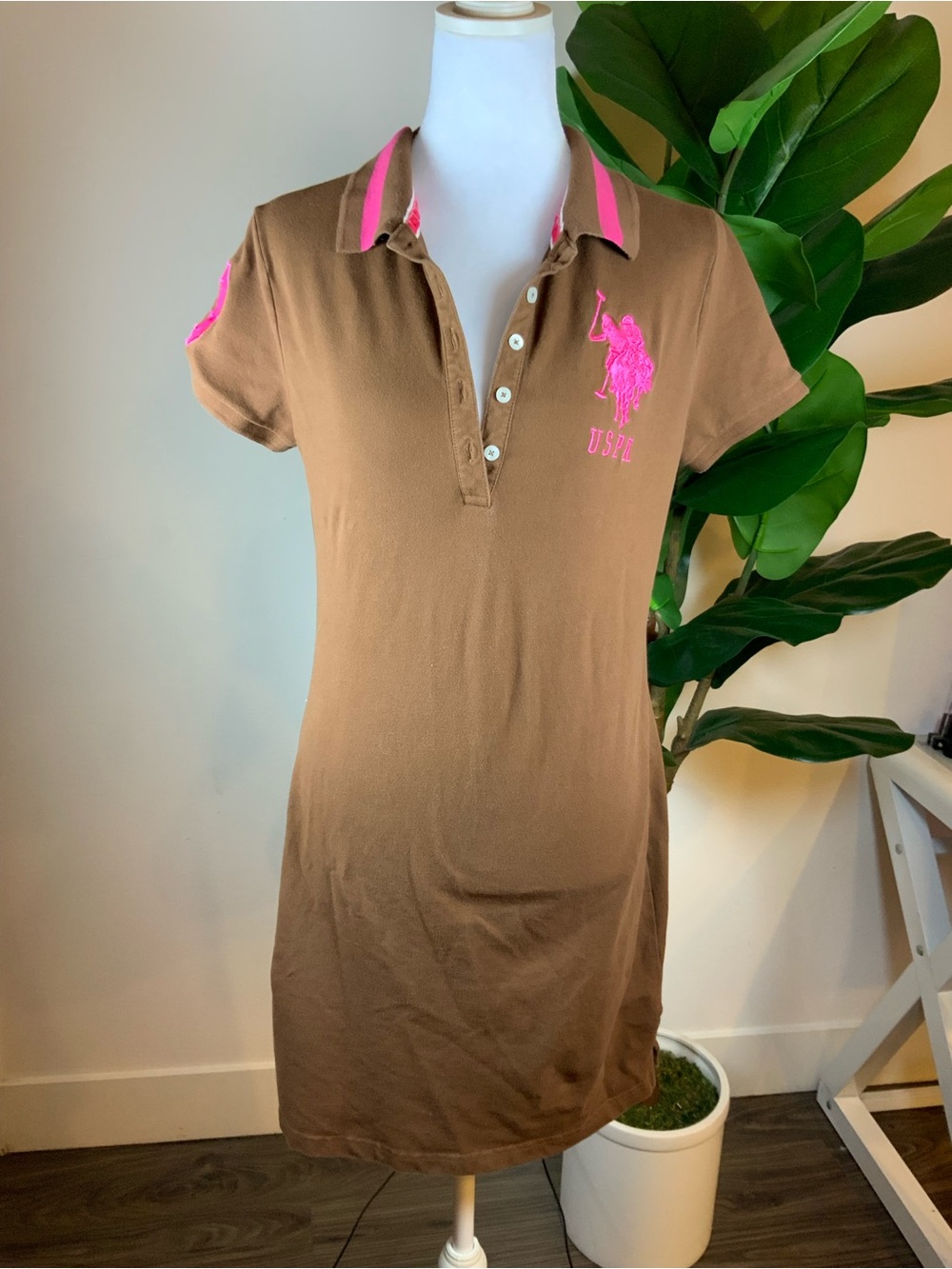 U.S. Polo Assn. Brown Polo Dress with Pink Logo and Trim